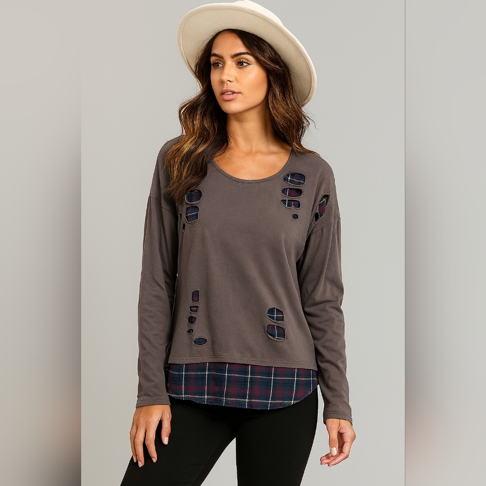 Generation Love Distressed Long Sleeve Top with Plaid Underlay Layering Autumn